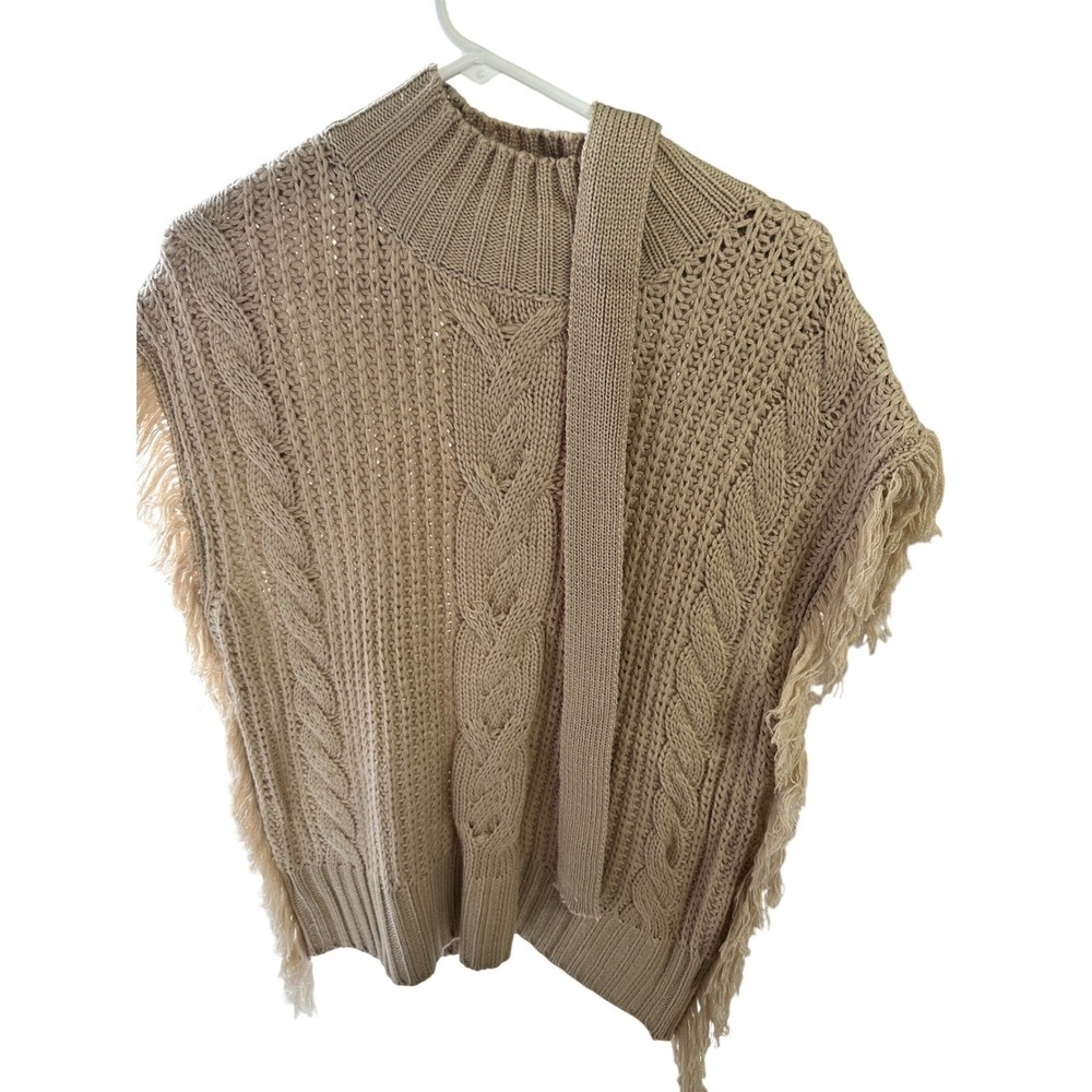 SAGE Womens Tan Knit Poncho Sweater Mock Neck Fringe Belted Cable‎ Knit M - Picture 2 of 7